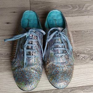Joan Boyce crystal embellished teal blue mules